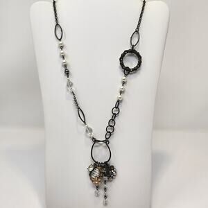 Plunder Bronze Tone Charm Pendant Chain Necklace Floral Faux Pearl Rhinestone